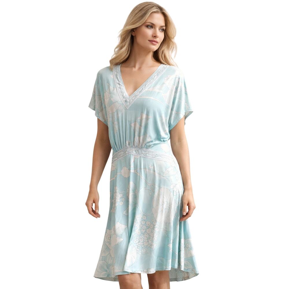 Leonard Paris Silk Jersey Dress Made in Italy Sz 44 Aqua Floral Dolman Sleeve